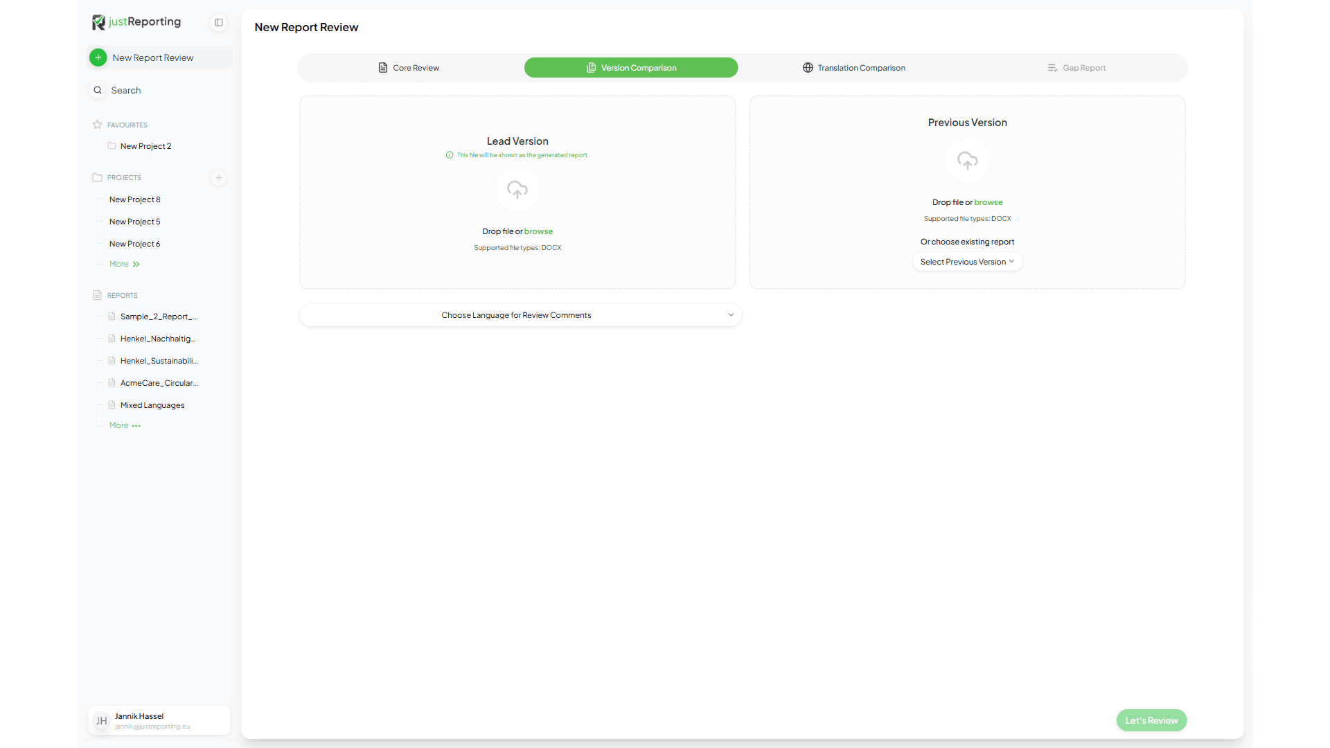ReportingGPT version comparison view showing differences between two report versions